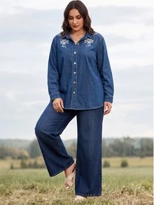 EMERY ROSE Winter Vintage Loose Fit Button Down Embroidered Denim Dark Blue Commute Office Warm Plus Size Denim Top For Women - Dark Wash - View 6