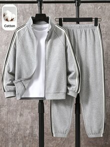 SHEIN 兒童青少年男孩休閒運動學院風側飾邊立領前開扣長袖秋季上衣與收口純色針織長褲兩件套 - 灰色 - 查看 1