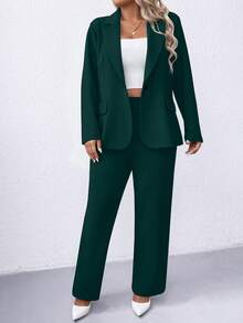 Elenzga Plus Size Solid Color Formal Suit Jacket & Pants Set - Green - View 7