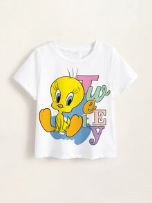 LOONEY TUNES X SHEIN تي شيرت كاجوال برقبة دائرية وأكمام قصيرة بطبعة كرتونية وحروف للفتاة الصغيرة - أبيض - مشاهدة 4