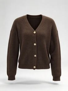 SHEIN Franclia Women's Autumn/Winter Knitted Floral Button V-Neck Cardigan - Coffee Brown - View 6
