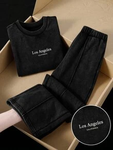SHEIN 女童字母印花圓領短袖T恤與長褲休閒日常套裝 - 黑色 - 查看 6