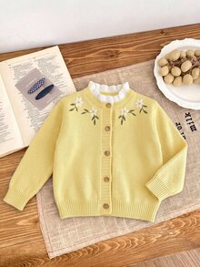 SHEIN 女童針織刺繡拼色立領休閒秋季開襟衫 - 黃色 - 查看 3