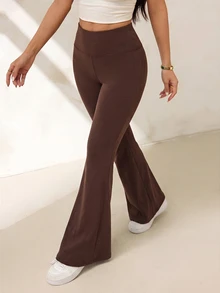 SHEIN PETITE 女款純色高腰休閒百搭日常喇叭褲 - 棕色 - 查看 5