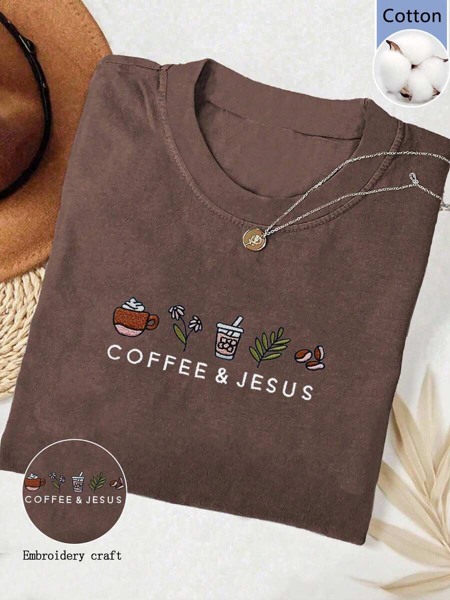 IslaSuriya Coffee Drink God Autumn Casual T-Shirt, Round Neck Embroidered Contrast Color Women's T-Shirt - Coffee Brown - View 1