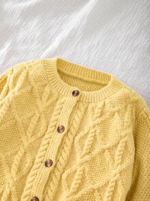 SHEIN 女童純色針織圓領花瓣袖休閒開襟毛衣 秋冬針織衫 - 芥末黃 - 查看 7