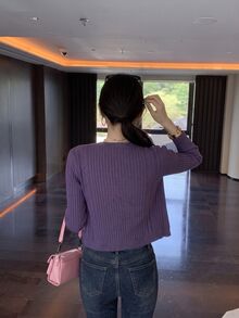 DAZY Flattering Grape Purple Textured Long Sleeve Knit Cardigan Top For Women, Sweet & Spicy Style - Purple - View 2