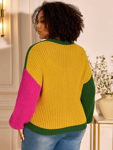 BrightlyHer Plus Size Women's Colorblock Casual Daily Cardigan - Multicolor - View 2