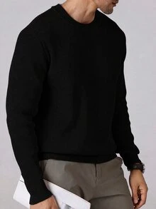Manfinity Homme 男士純色圓領長袖休閒毛衣，秋冬款 - 黑色 - 查看 4