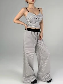 DAZY Women's Striped Colorblock Camisole Top And Long Pants Sports Set - Black and White - View 7