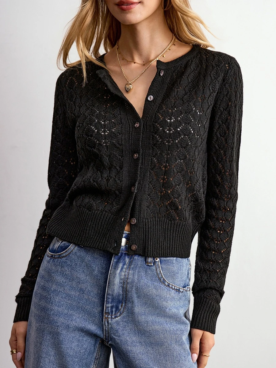 Willow Rêve Women's Solid Color Casual Versatile Daily Outing Cardigan - Black - View 1