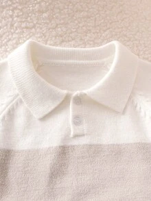 SHEIN 3個月至3歲男嬰 Polo領撞色漸層條紋半拉鍊針織開襟衫與收口長褲2件套，嬰兒春秋針織套裝 - 彩色 - 查看 5