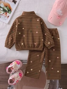 SHEIN 女童粉色豹紋保暖內裡兩件套，半拉鍊立領上衣 + 寬腿長褲 - 彩色 - 查看 2