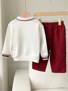 SHEIN 男嬰卡通熊圖案領口長袖套頭衛衣與彈性腰長褲 2 件套 - 彩色 - 查看 2