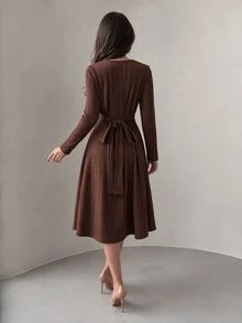 Modelyn Women Round Neck Long Sleeve Textured Midi Dress, Pleated Flared A-Line Swing Dress, Autumn Winter Elegant Slim Fit Wedding Guest & Formal Party Dress - Brown - View 2
