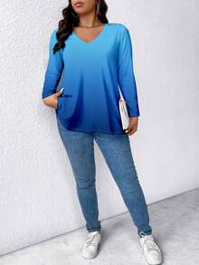 EMERY ROSE Ombre Color Block Plus Size V-Neck Long Sleeve T-Shirt Fall - Multicolor - View 5