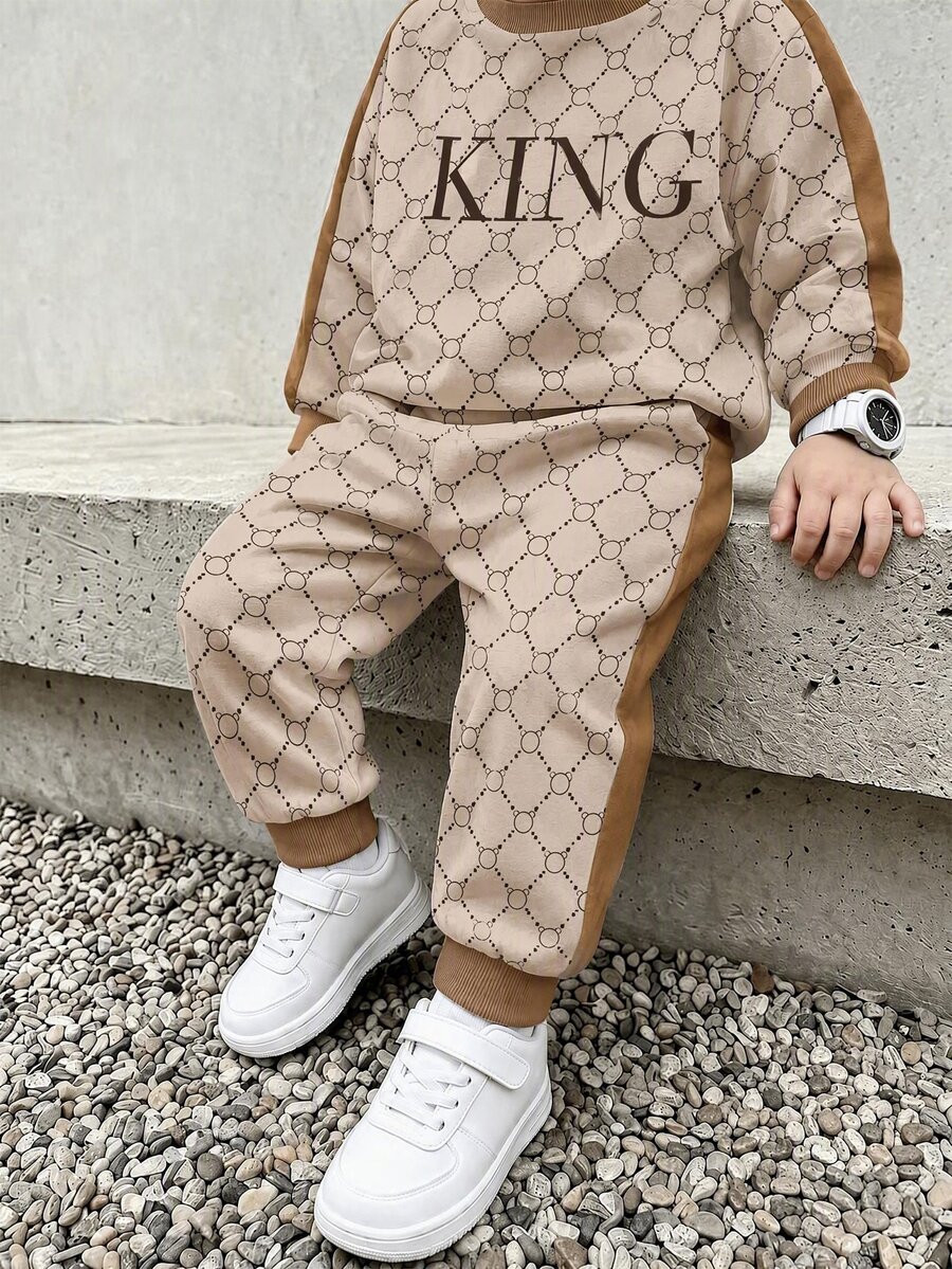 2pcs/Set Letter Pattern All-Over Print Apricot Crew Neck Sweatshirt & Sweatpants Set For Boys - Black - View 1