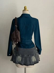 Elamini 性感領口側綁帶收腰修身長袖女式襯衫 - 寶藍色 - 查看 2