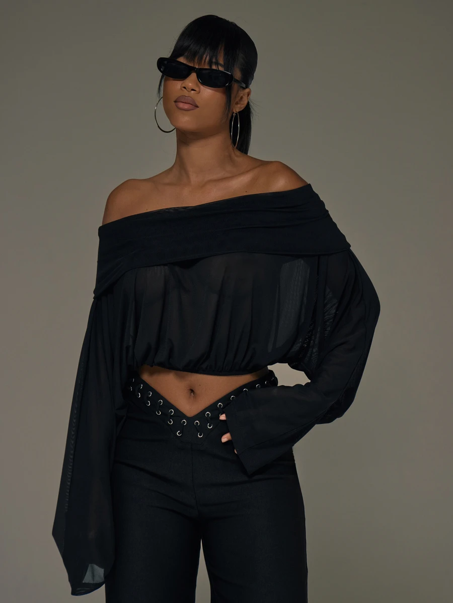 MUSERA Black Mesh Foldover Elasticated Crop Top Fall Autumn Winter Sexy Halloween Going Out Instinct - Black - View 1