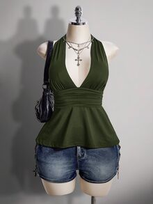 SHEIN ICON 大尺碼 V 領收腰 A 字版型露背黑色細肩帶背心，復古哥德性感 Y2K 掛脖娃娃上衣，夏季電音派對外出上衣 - 軍綠色 - 查看 4