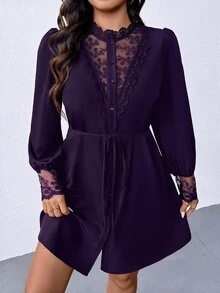 SHEIN LUNE 大尺碼女款修身鏤空蕾絲V領洋裝 - 紫色 - 查看 3