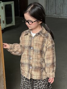 Dazy Kids 女童格紋休閒百搭日常穿著襯衫 秋季 - 卡其色 - 查看 2