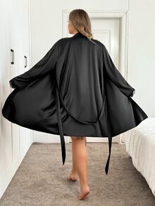 SHEIN CURVE+ Women's Plus Size Lace Camisole Dress With Satin Long Sleeve Jacket 2 Pieces Set - Black - View 2