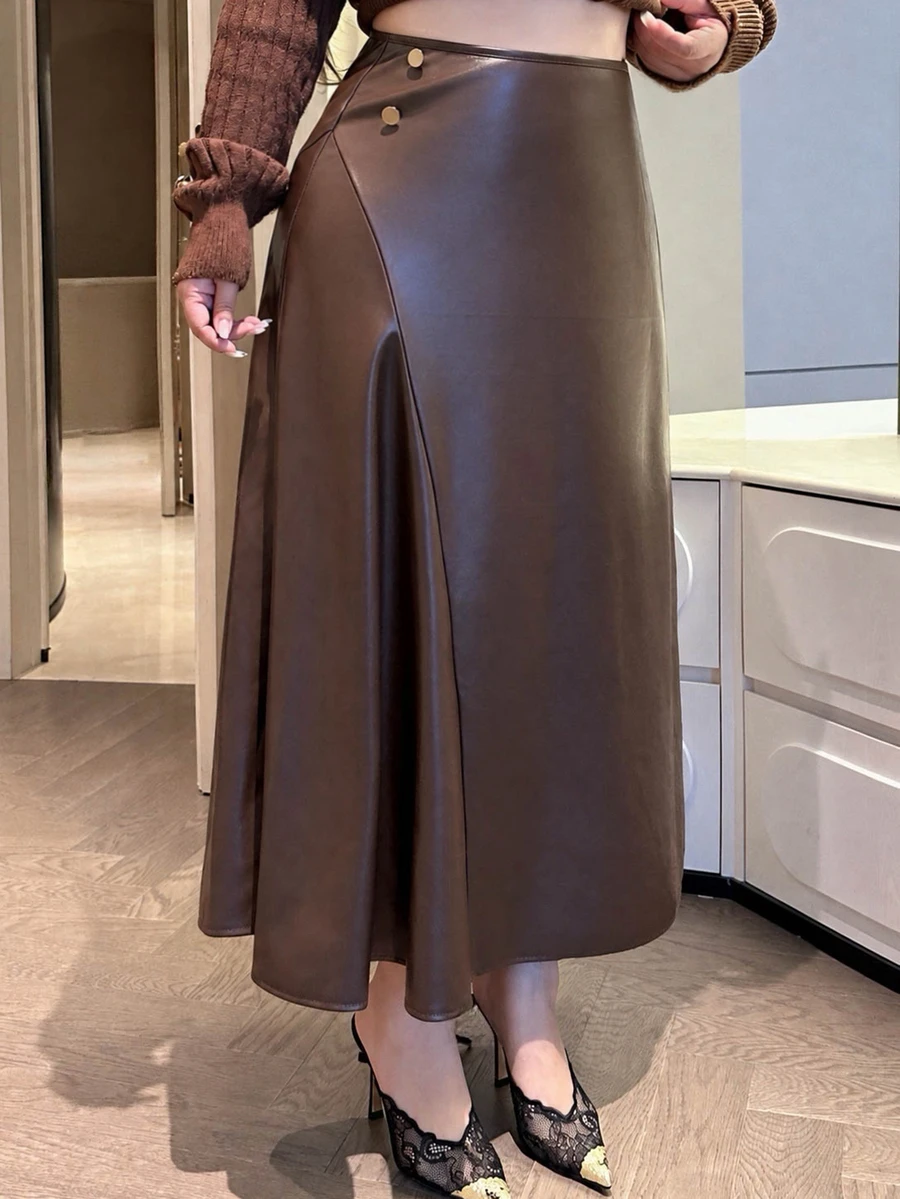 Dazy Plus Autumn/Winter High Waist Button Decor Solid Color A-Line Commuter Style Long Skirt - Brown - View 1