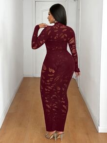 Maweii Plus Size Women Sexy Hollow Out Date Party Dress Fall - Burgundy - View 2