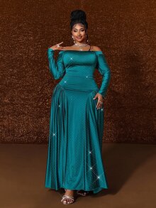 Maweii Plus Size Women's Elegant Party Elegant Rhinestone Round Neck Long Sleeve Slim Fit Flattering Solid Color Dress - Green - View 1