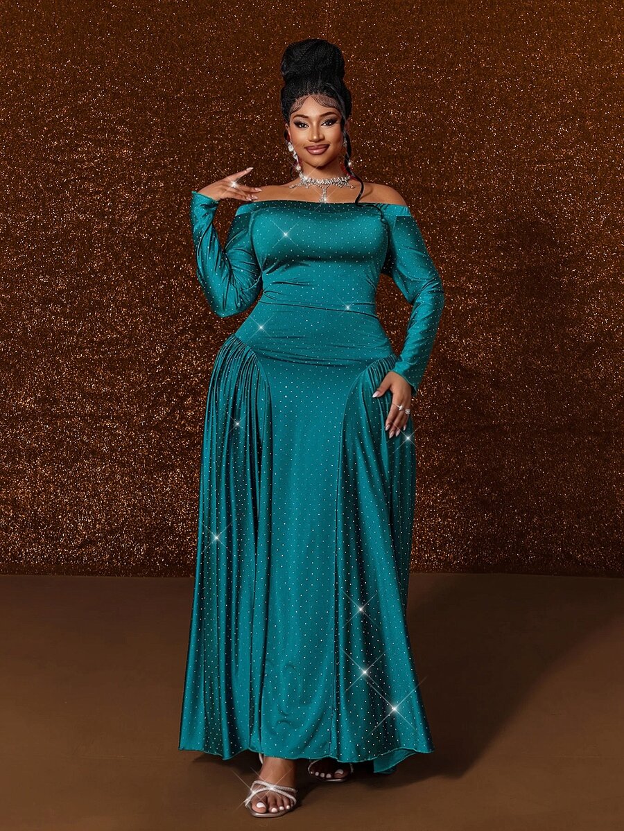 Maweii Plus Size Women's Elegant Party Elegant Rhinestone Round Neck Long Sleeve Slim Fit Flattering Solid Color Dress - Green - View 1