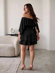 Hourglow Plus Size Women's Off Shoulder Cape Sleeve Mini Dress, Waist-Defining Layered Ruffle Elegant Party Dress For Shape - Black - View 2