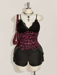 SHEIN ICON 女款大尺碼蕾絲拼接豹紋細肩帶背心 - 彩色 - 查看 3