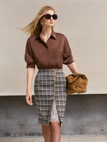 MOTF PREMIUM WOMEN'S VINTAGE PLAID RIBBON TRIM SLIT HEM ELEGANT SKIRT - Multicolor - View 5