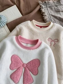 SHEIN Playful Pals 2件組幼女甜美可愛粉白毛絨絨毛蝴蝶結貼花長袖圓領厚款戶外冬季假期時尚衛衣上衣 - 杏色 - 查看 4