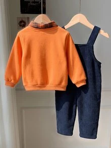 SHEIN 男嬰女嬰幼兒男童秋冬套裝，2件/套 抓絨內裡加厚杏色運動衫針織上衣搭配綠色燈芯絨格紋吊帶褲連身褲套裝，舒適百搭時尚日常可愛休閒簡約百搭風，適合室內、戶外滑雪、日常、運動、玩耍、派對、拍照、節日、萬聖節、聖誕節、聖誕禮物、新年、聖誕毛衣、聖誕派對、冬季衣物、長袖上衣 - 彩色 - 查看 2