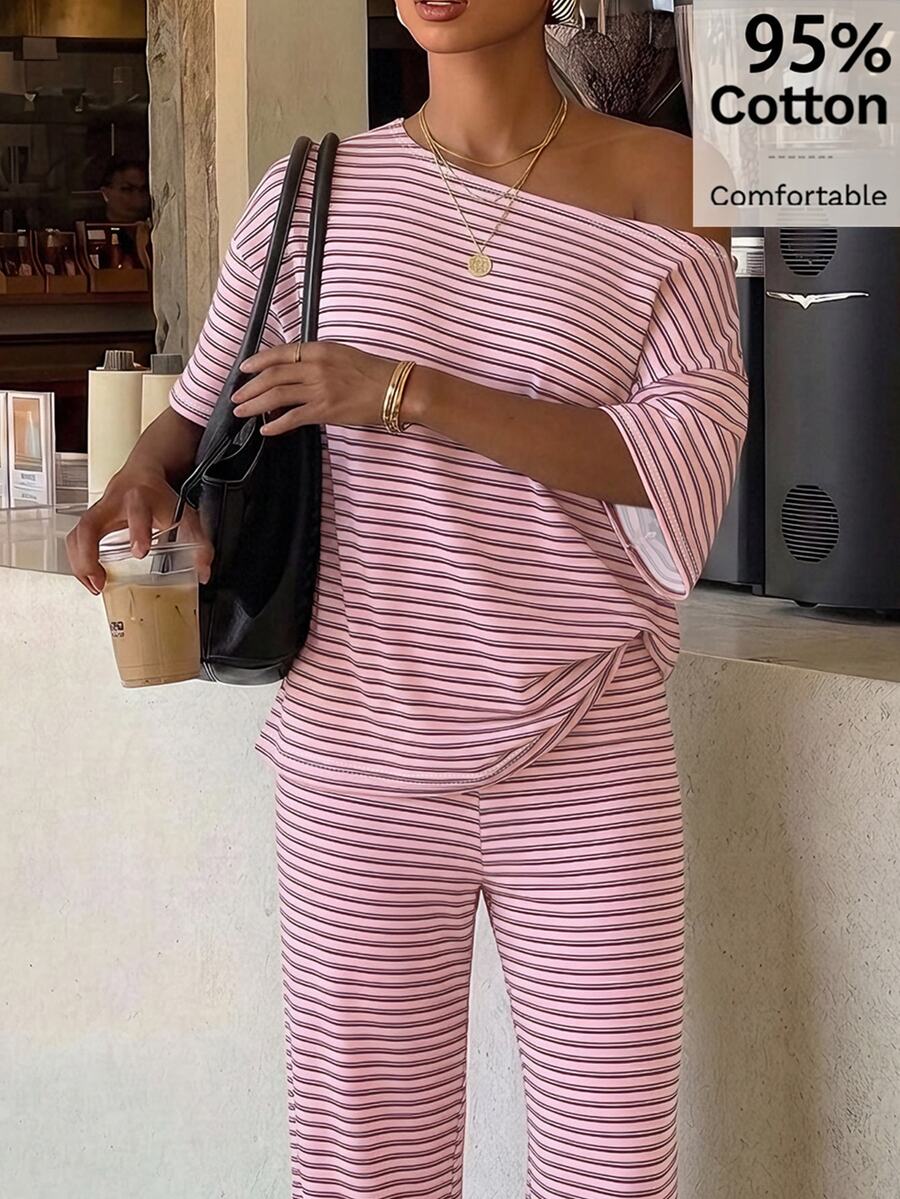 Siren Gaze Women's Striped Cold Shoulder Dropped Sleeve T-Shirt And Long Pants Casual Set - Pink - View 1