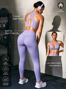 Solea Cove طقم رياضي نسائي من قطعتين، لون برغندي، ظهر مفتوح، أزرار أمامية في المنتصف، رفع المؤخرة وتشكيل الجسم - عنابي اللون - مشاهدة 1