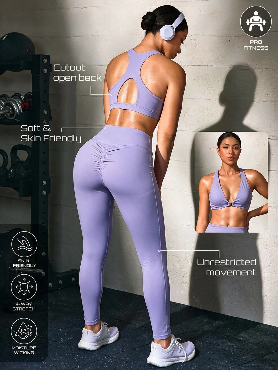 Solea Cove طقم رياضي نسائي من قطعتين، لون برغندي، ظهر مفتوح، أزرار أمامية في المنتصف، رفع المؤخرة وتشكيل الجسم - عنابي اللون - مشاهدة 1
