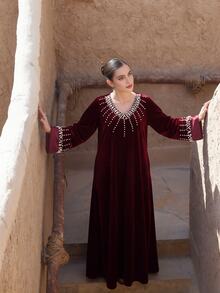 Al Najma Women's Autumn Winter VNeck Beaded Burgundy Velvet Elegant Dress Velvet Burgundy Vintage Fall/Winter Christmas New Year - Burgundy - View 7