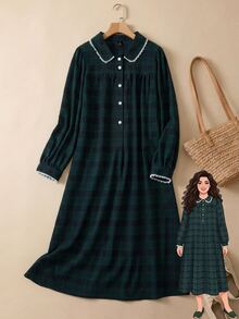 Rusticease Plus Size Colorblock Button Front Patchwork Collar Peter Pan Collar Long Sleeve Dress Elegant Formal Fall Winter 2026 - Multicolor - View 9