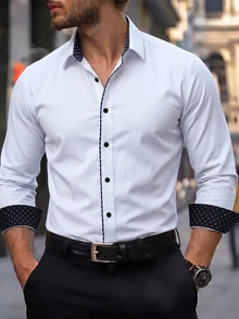 Manfinity Bizformal 男士拼色單排扣休閒百搭日常穿著襯衫，正式、儀式場合適用 - 白色 - 查看 1