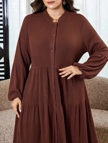 Al Najma Plus Size Women's Button Long Sleeve Arabian Dress - Coffee Brown - View 6