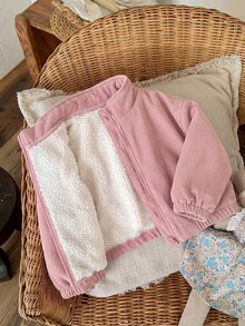 女嬰休閒連帽毛茸茸長袖夾克，愛心圖案，百搭街頭風，秋冬款 - 粉色 - 查看 5