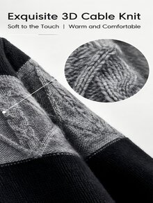 SHEIN Women's Chic Casual Daily Long Sleeve Black Cable Knit Top Sweater Slim Fit V-Neck Fall Winter Going Out Date Night Dinner - Dark Grey - View 3