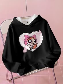THE POWERPUFF GIRLS X SHEIN Áo nỉ hoodie tay dài in họa tiết hoạt hình phong cách thường ngày cho nữ - trắng - Xem 1
