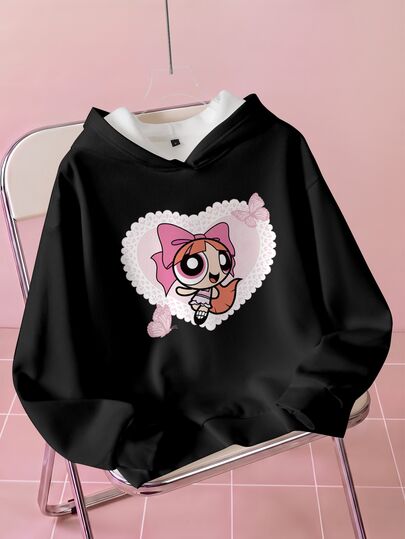 THE POWERPUFF GIRLS X SHEIN Moletom com Capuz Casual de Manga Longa com Estampa de Desenho Animado para Mulheres