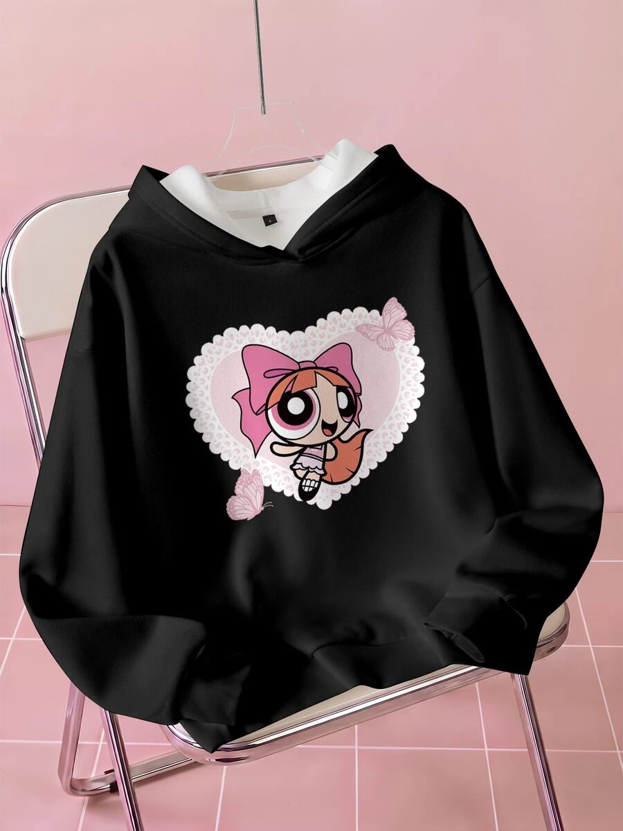 THE POWERPUFF GIRLS X SHEIN Áo nỉ hoodie tay dài in họa tiết hoạt hình phong cách thường ngày cho nữ - trắng - Xem 1
