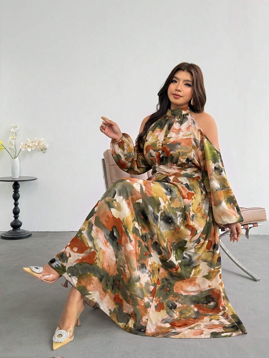 Firerie Plus Size Women's Tie-Dye Cold Shoulder Long Sleeve Elegant Dress Fall - Multicolor - View 1