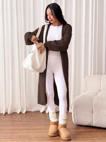 SHEIN PETITE 女款保暖開襟衫，適合秋冬外出與日常旅行，米色休閒風 - 巧克力棕 - 查看 5